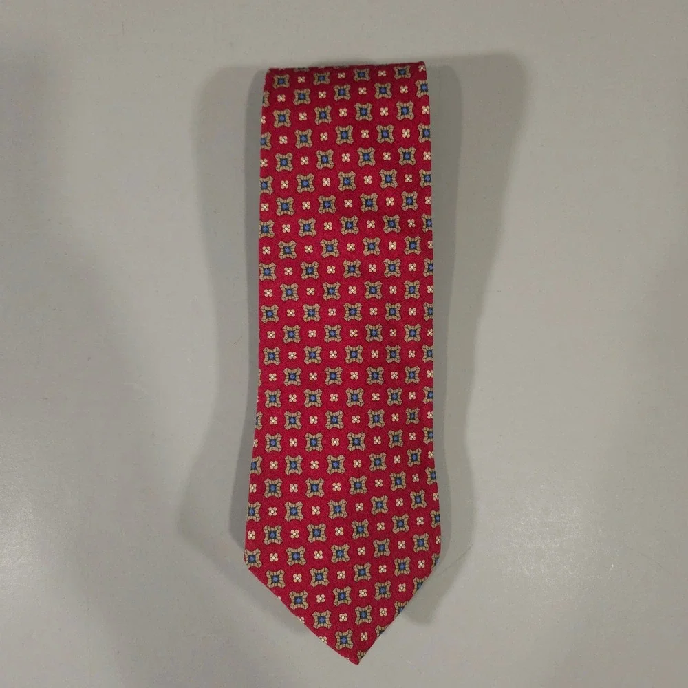 Brooks Brothers Tie Mens OS Red Geometric Silk Cotton Medallion Made in USA